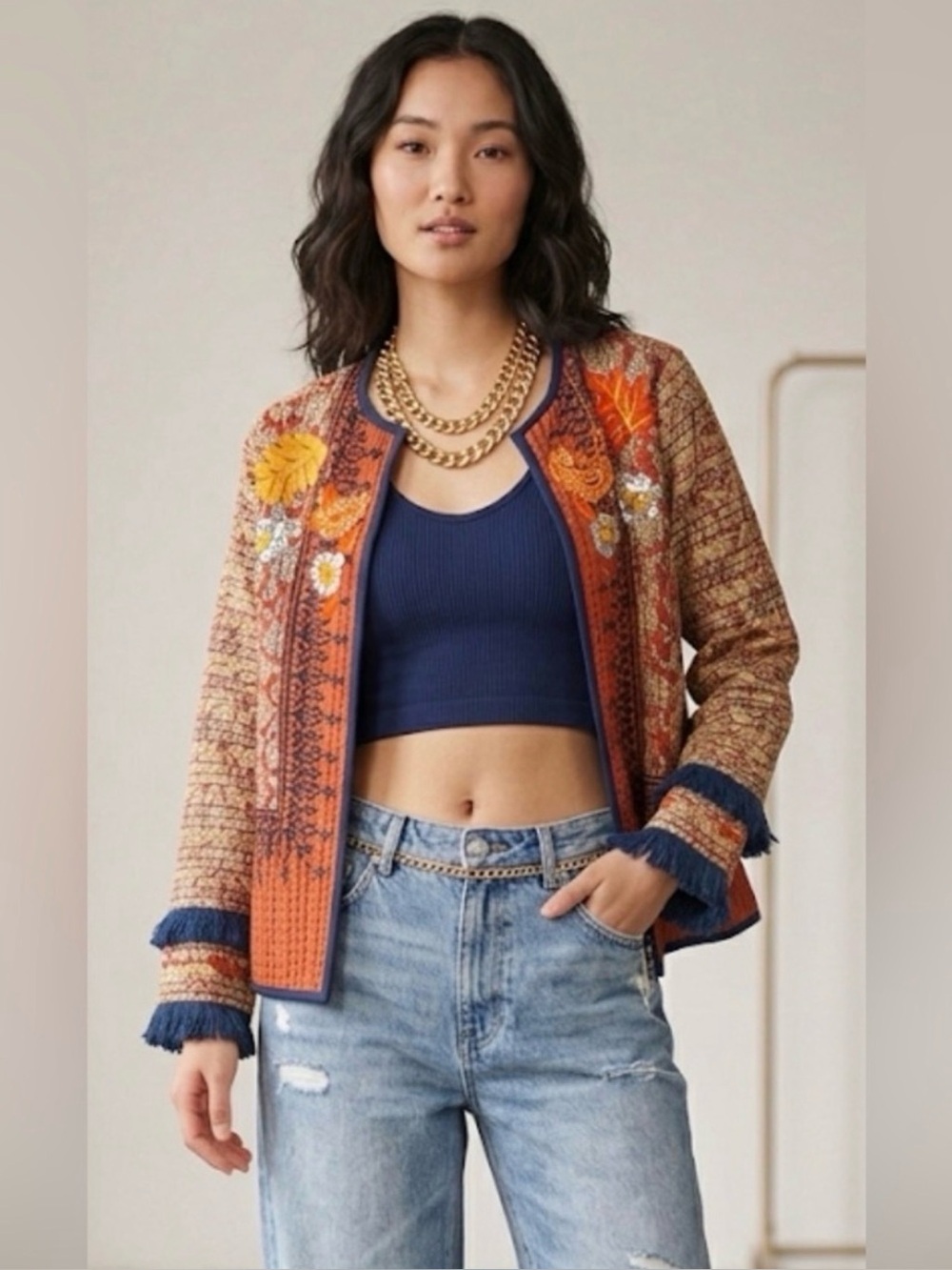 🆕 Indigo Moon quilted jacket orange floral patterns and blue tassel cuffs XS